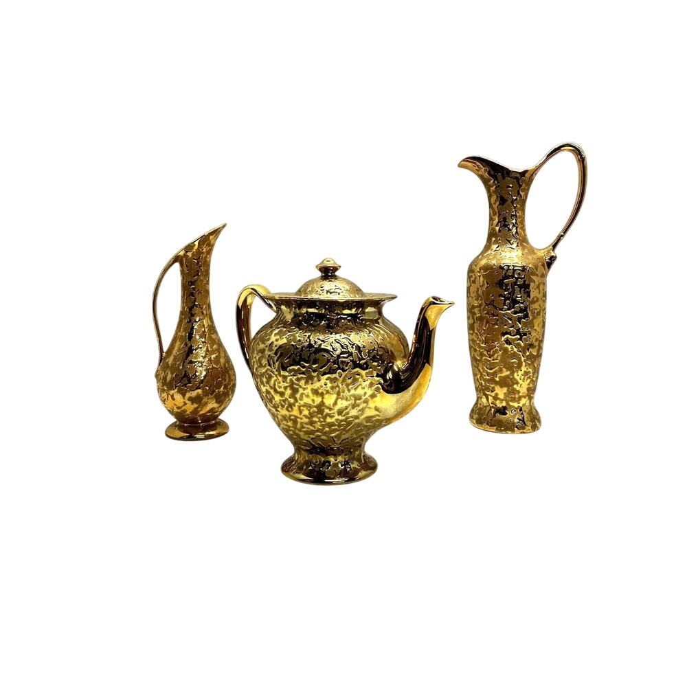 Weeping Gold Pitcher Set 22KT Teapot and Two Vases Elynor China MCM 1960s